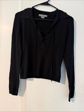 Bisou Bisou Black Lace-Up Collar Long Sleeve Sweater